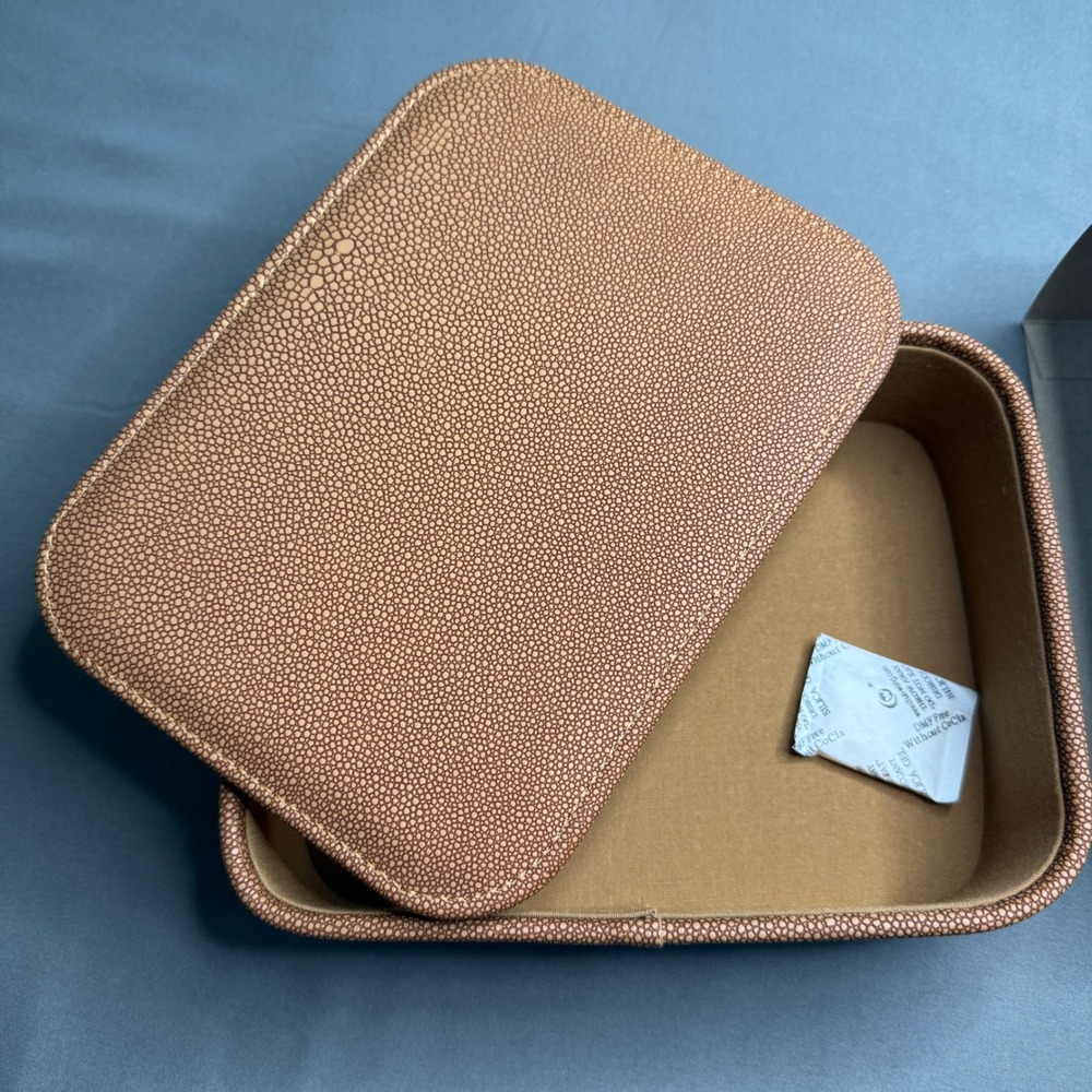 Tan Faux Shagreen Valet Box Rectangular Jewelry Organizer with Lid Camel Brown